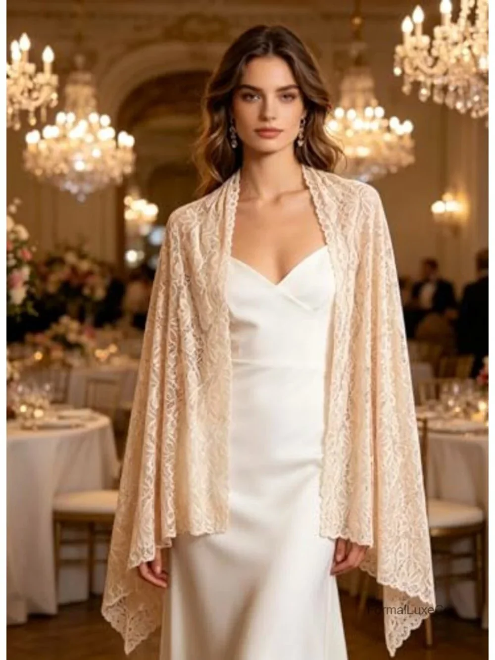 Women's Lace Wrap Shawl with Rhinestone Floral Pattern Scarf